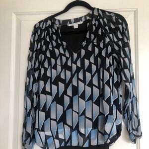 Diane Von Furstenberg Black and Blue Geometric Silk Blouse size 2 xsmall